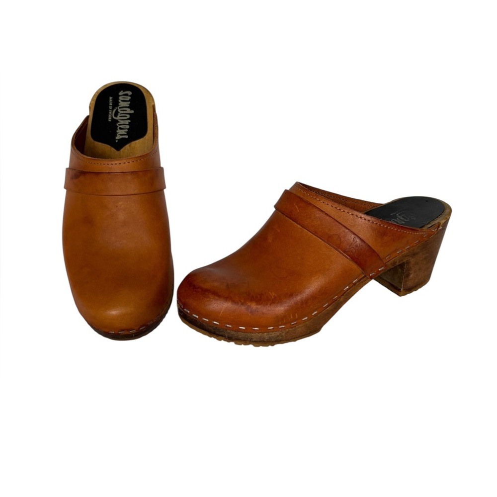 Sandgrens Cognac Leather Clogs Open Back Clogs Size 37